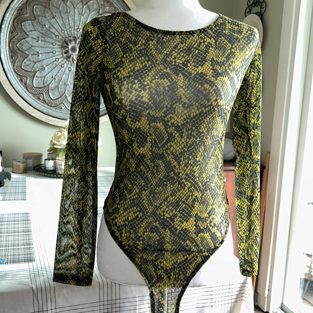 H&M yellow and black snake skin sheer bodysuit